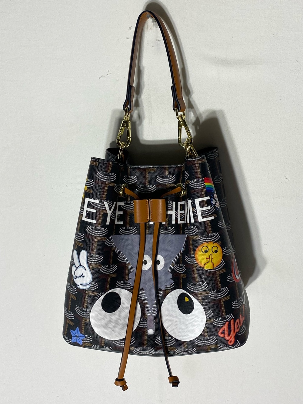 Eye Theme Printed Drawstring Bucket Bag W Cross Body Strap Novelty Streetwear